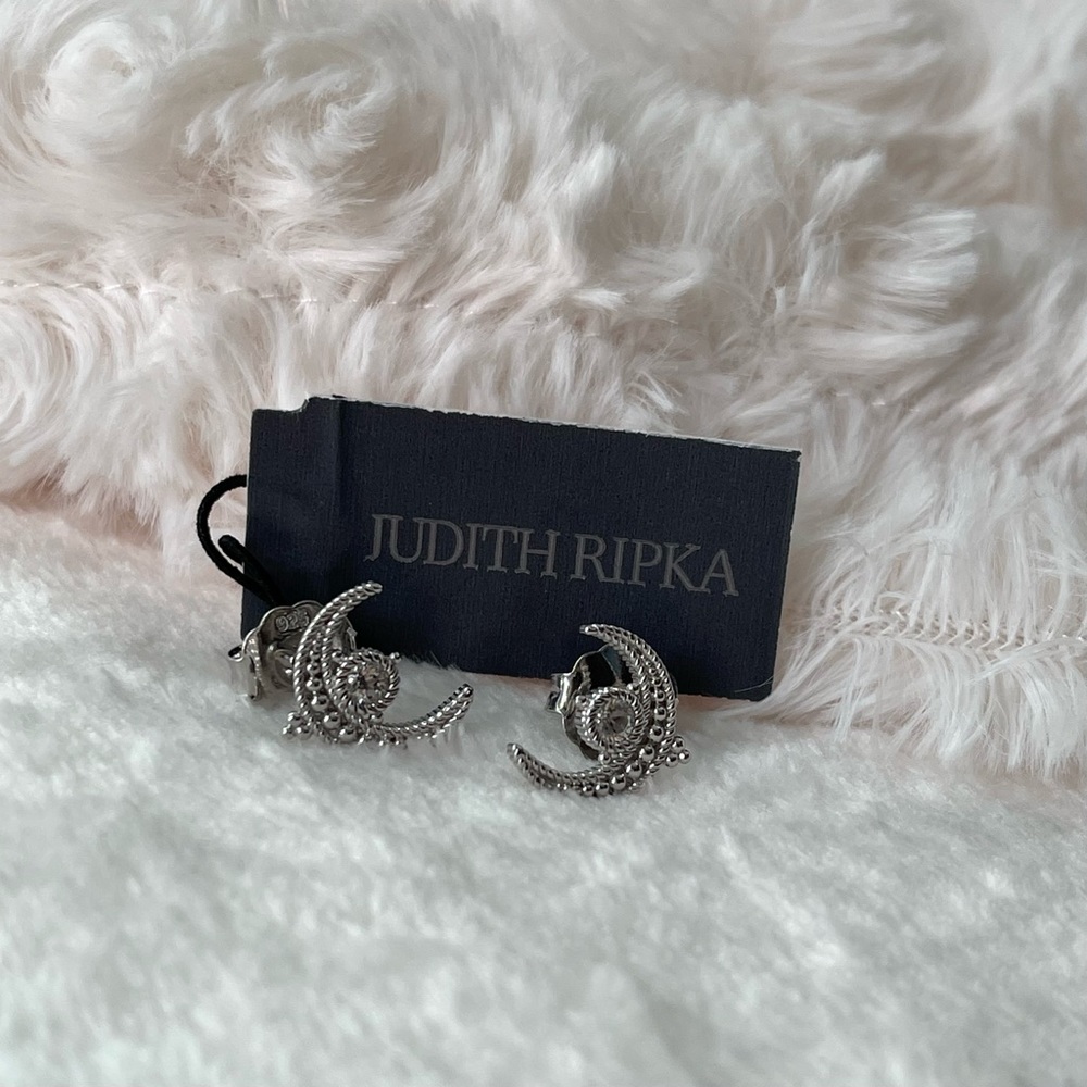 JUDITH RIPKA Sterling Silver White Topaz Moon Star Stud Earrings